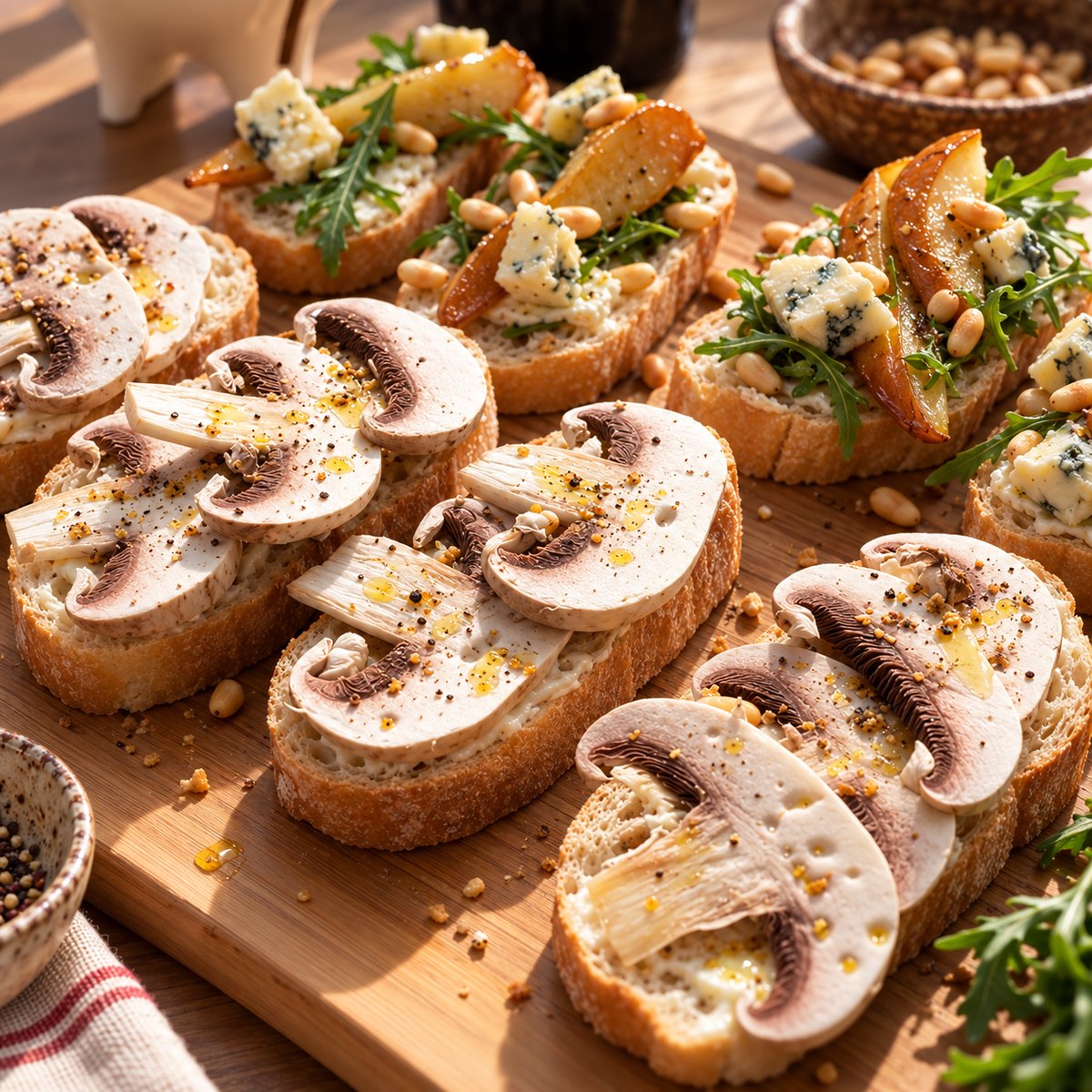 Брускетты с сырыми шампиньонами и с грушей, сыром
