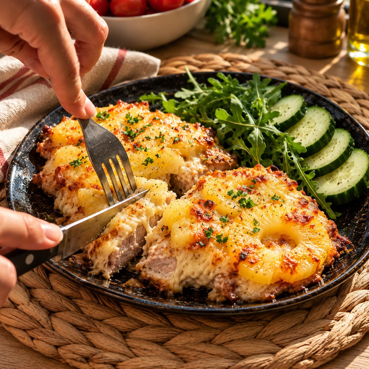 Свинина, запеченная с ананасами по сырной корочкой